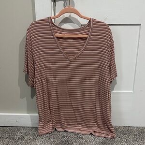 American Eagle Outfitters Orange/Brown Striped V-Neck Tee